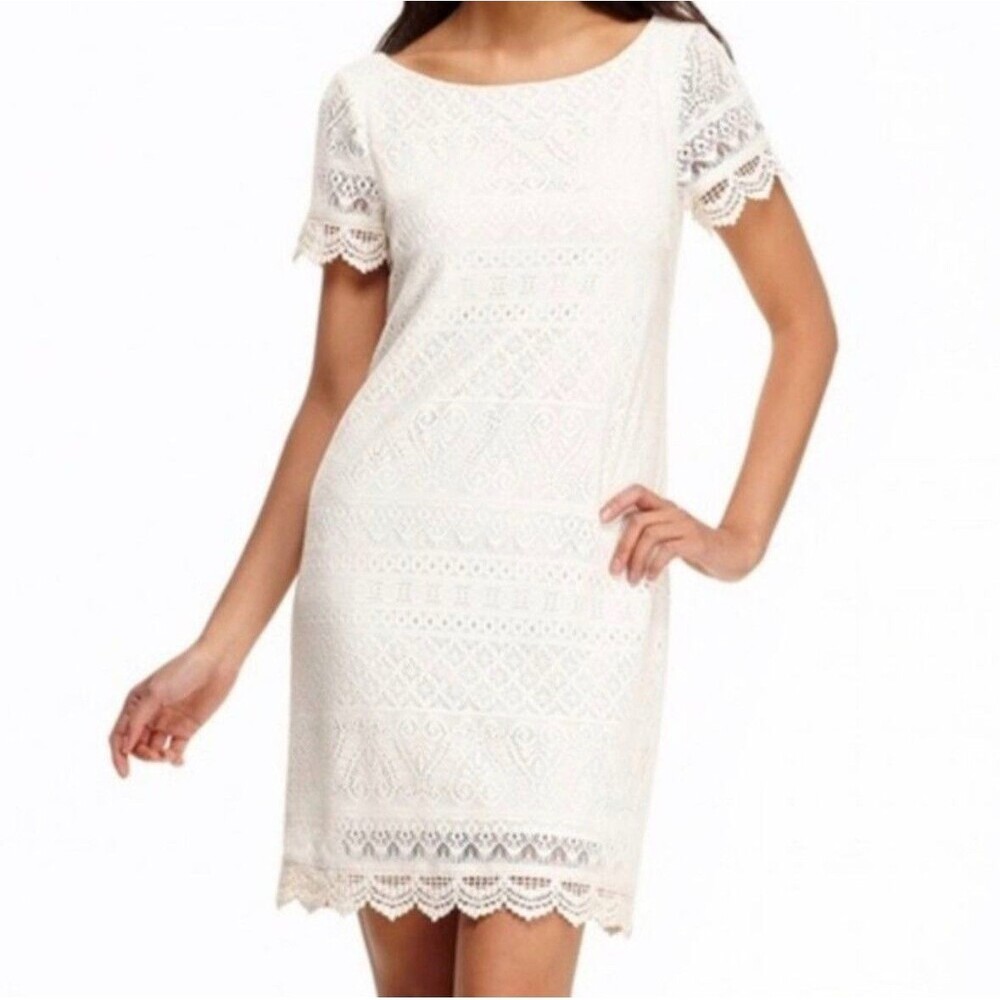 London Times Ivory Crochet Lace Shift Dress Sz 10 Scalloped Hem